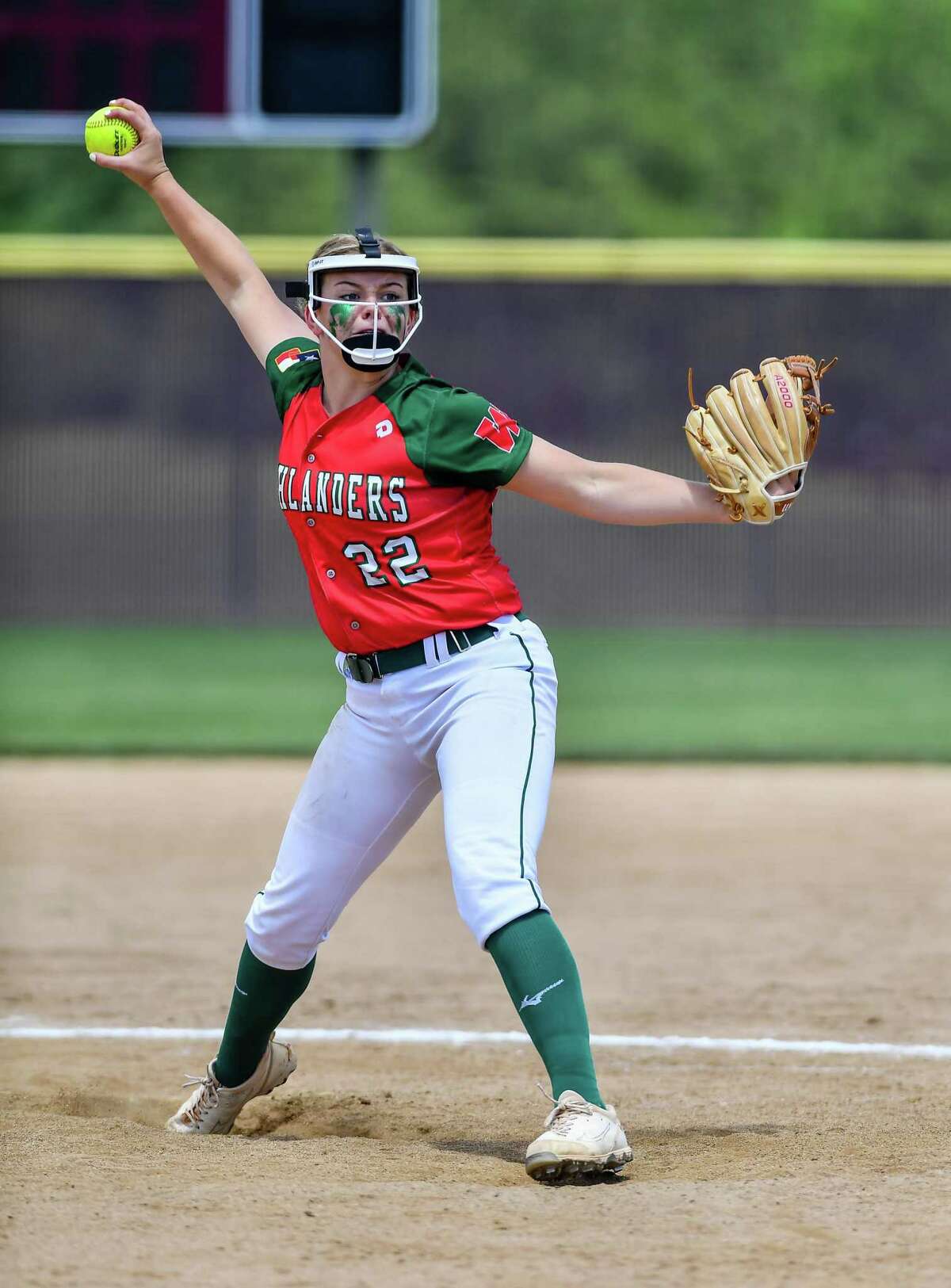 Woodlands Chesney Davis (22) pitches in the sixth inning during a Region II-6A quarterfinals softball game at Magnolia High School on Saturday, May 14, 2022. Woodlands beat Grand Oaks 14-11 in 7 innings.
