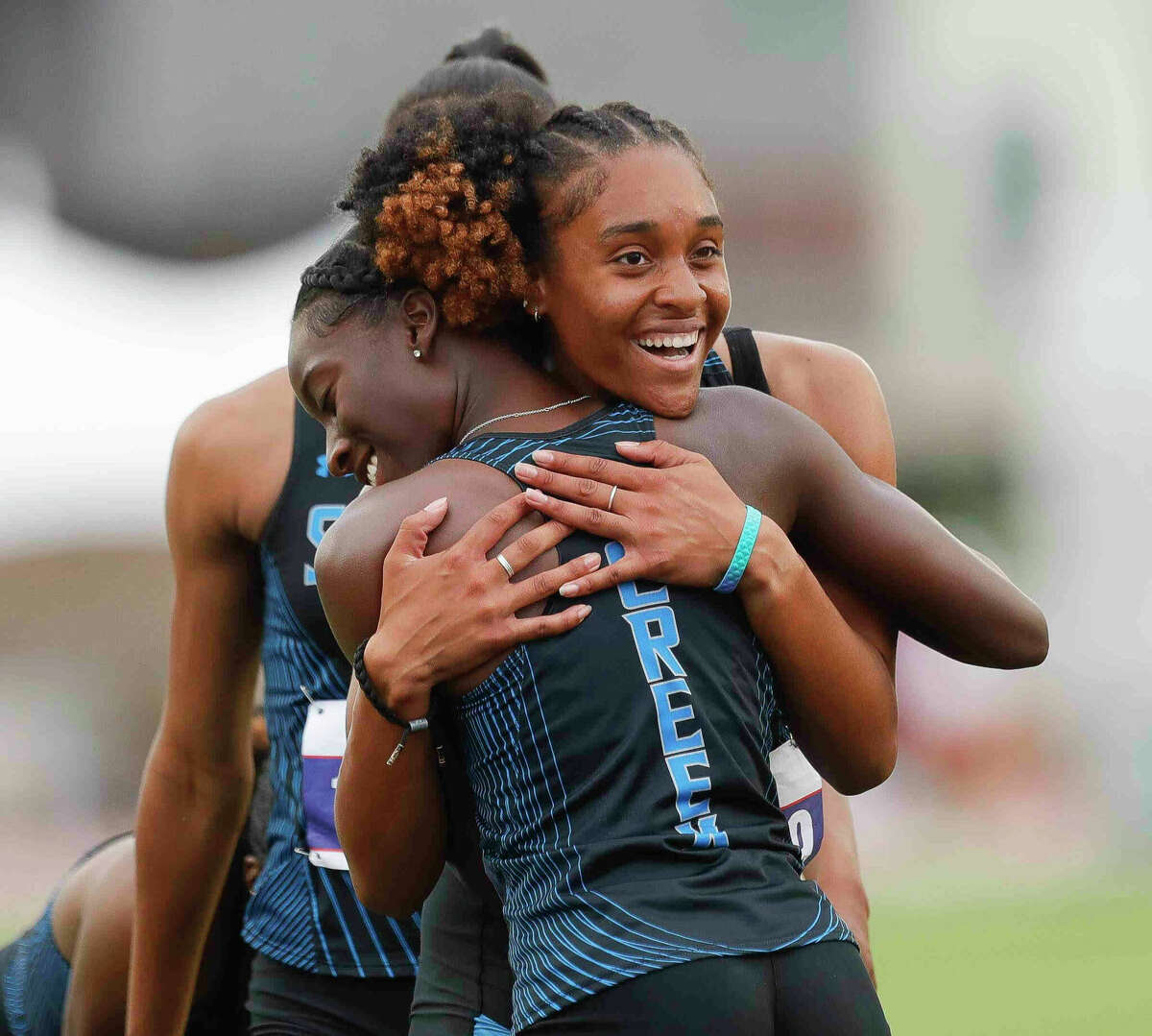 Shadow Creek celebrates after winning the Class 6A girls 800-meter relay during the UIL State Track & Field Championships at Mike a Myers Stadium, Saturday, May 14, 2022, in Austin.