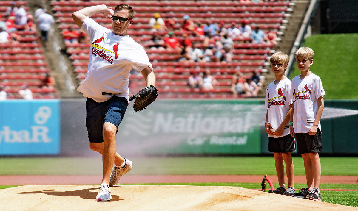 State Rep. C.D. Davidsmeyer of Jacksonville throws the first pitch for the St. Louis Cardinals game against the San Francisco Giants for the sixth annual Jacksonville Night at Busch Stadium. The Cardinals won the Saturday game 4-0. More photos from the day are at myjournalcourier.com.