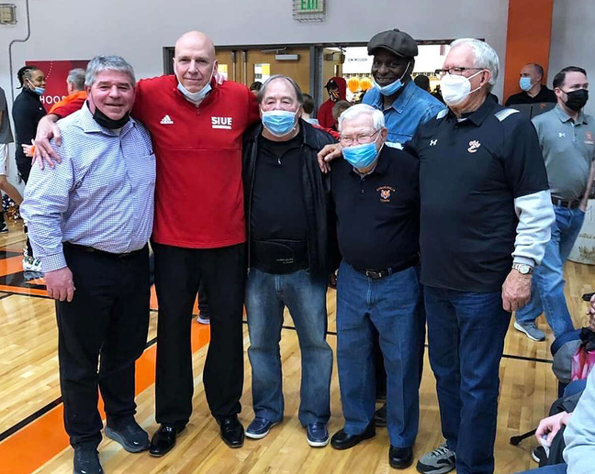 Edwardsville graduate Dave Vieth, left, with some of his former EHS coaches including, left to right, Mike Waldo, Tom Pile, Bill Funkhouser and Dick Ford.