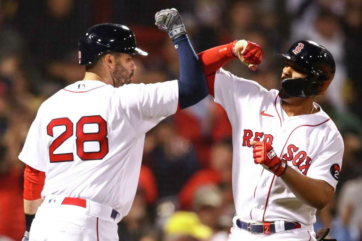 Red Sox DH J.D. Martinez (28) takes a 16-game hitting streak into this week’s series with the Astros, while shortstop Xander Bogaerts boasts the American League’s top batting average at .344