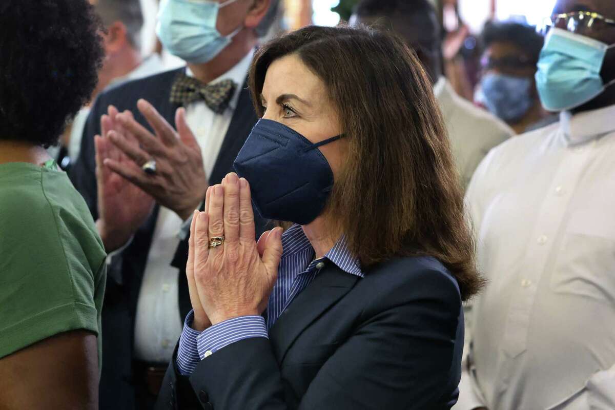 Gov. Kathy Hochul, a Buffalo native, attends an interfaith service at Macedonia Baptist Church held to mourn the Tops market shooting victims on May 15, 2022 in Buffalo, New York. A gunman opened fire at the store yesterday killing ten people and wounding another three. The attack was believed to be motivated by racial hatred.
