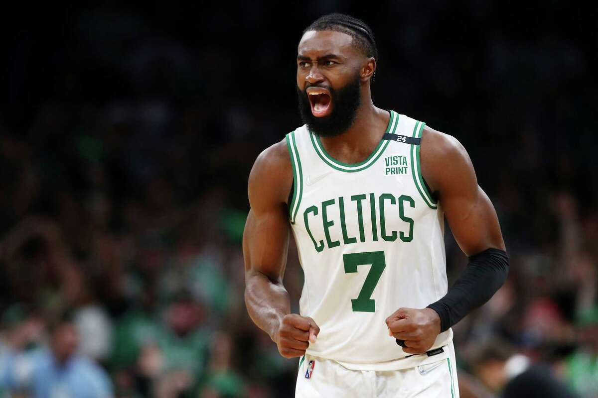 Jaylen Brown (7) of the Boston Celtics reacts during the third quarter in Game Seven of the 2022 NBA Playoffs Eastern Conference Semifinals against the Milwaukee Bucks at TD Garden on Sunday, May 15, 2022 in Boston.
