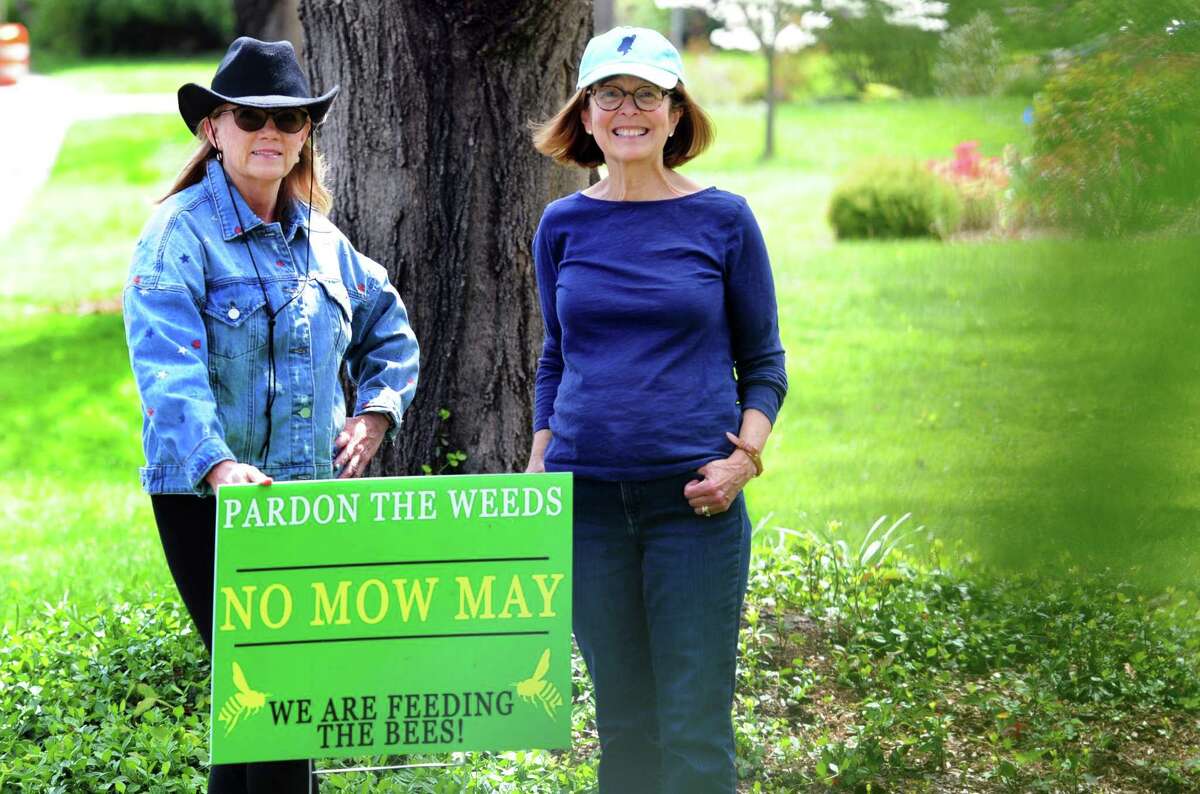 Mally Cox-Chapman, a resident who has been leading the No Mow May charge in her neighborhood, in center, poses with her neighbor Wendy Graveley, at left, who has joined her in her effort in Hartford, Conn., on Wednesday May 11, 2022. The No Mow May movement, which is prominent in at least five other states in the country, is where people decline to mow their lawns for the month to encourage the emergence of bees and other pollinators.