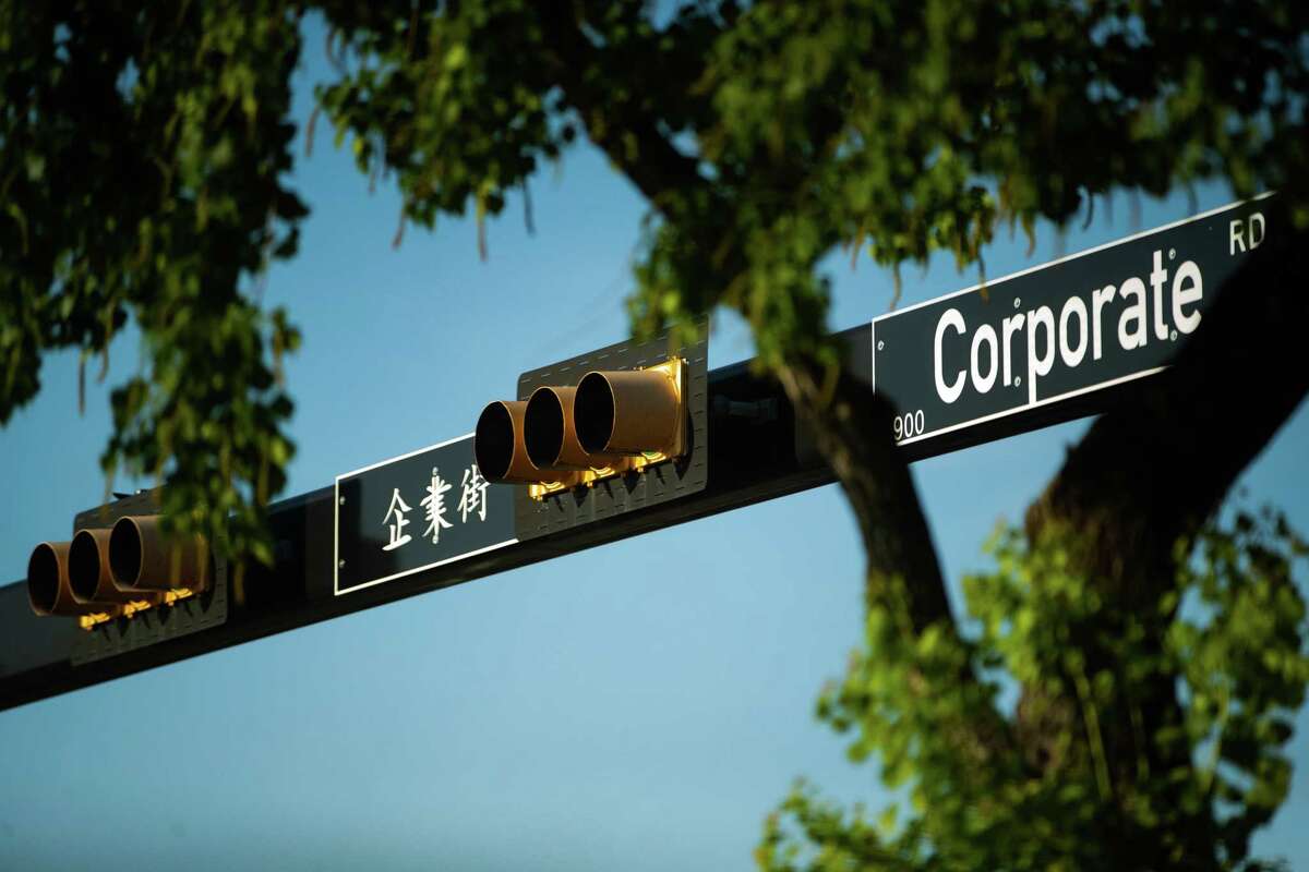 Corporate Road sign located at Bellaire Boulevard, Sunday, May 15, 2022, in Houston.