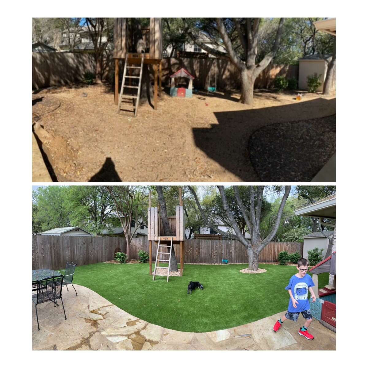 Before and after photos of Rachel and Shaun Gardiner's garden in the woods of Shavano.  They added artificial turf to the yard because it was too shady to grow grass so their three children and dogs would stop dragging mud through the house.