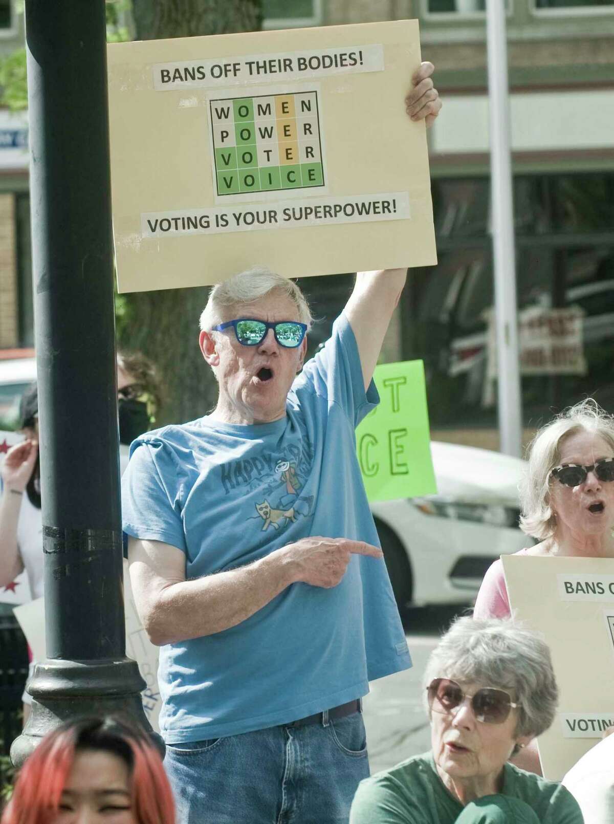 John McCartney, of New Fairfield, expresses his opinion during the rally in support of abortion rights, at the Danbury Library Plaza. Sunday, May 15, 2022
