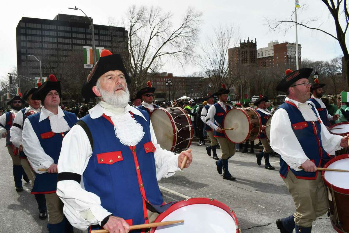 Snare drummer Mark Dudley performing at the 2022 St. Patrick’s Day Parade in New Haven.