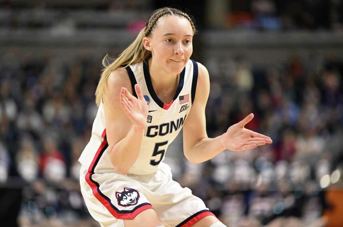 Paige Bueckers of the UConn Huskies celebrates a score against the Indiana Hoosiers during the Sweet 16 round of the 2022 NCAA Womens Basketball Tournament held at Total Mortgage Arena at Harbor Yard on March 26, 2022 in Bridgeport.