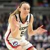 BRIDGEPORT, CT - MARCH 26: Paige Bueckers #5 of the UConn Huskies celebrates a score against the Indiana Hoosiers during the Sweet 16 round of the 2022 NCAA Womens Basketball Tournament held at Total Mortgage Arena at Harbor Yard on March 26, 2022 in Bridgeport, Connecticut. (Photo by Greg Fiume/NCAA Photos via Getty Images)