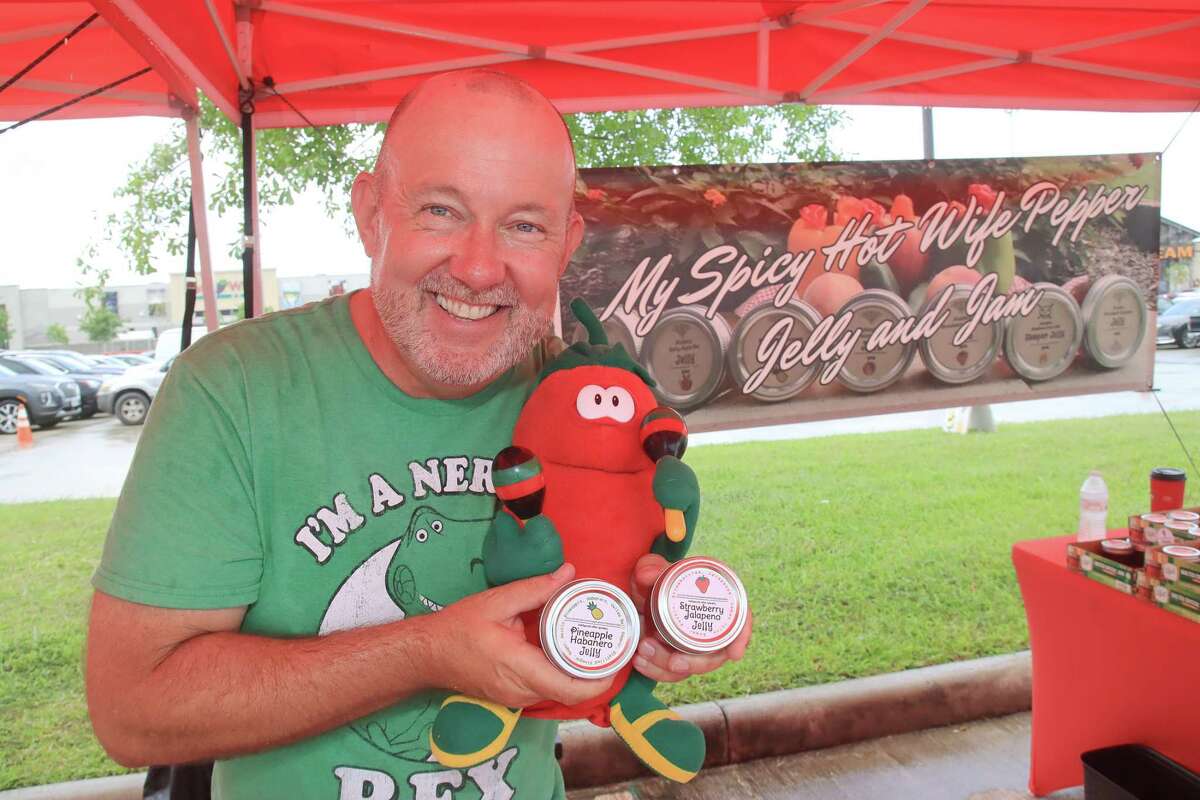 Tim Glover is one of the regular vendors at Bay Area Farmers Market, offering “My Spicy Hot Wife Pepper Jelly.”
