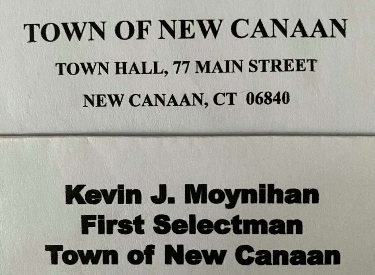 The top letter head is First Selectman Kevin Moynihan's official letter head, the one below was used at the head of a campaign letter.