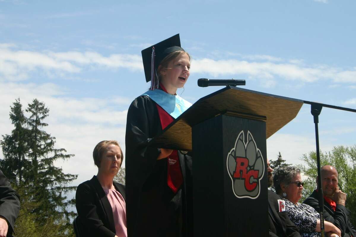 The Reed City High School 139th commencement ceremony was held on the RCHS football field on Sunday, May 15, with 95 graduating seniors walking across the stage. RCHS Distinguished Alumnus Award winner, James G. George, class of 1963 was the keynote speaker. Senior Grace Sundquist, pictured, was one of the senior scholar speakers.