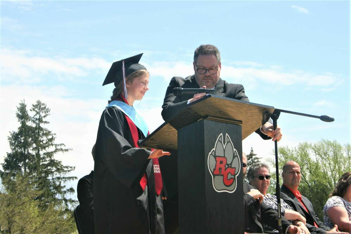 The Reed City High School 139th commencement ceremony was held on the RCHS football field on Sunday, May 15, with 95 graduating seniors walking across the stage. RCHS Distinguished Alumnus Award winner, James G. George, class of 1963 was the keynote speaker.