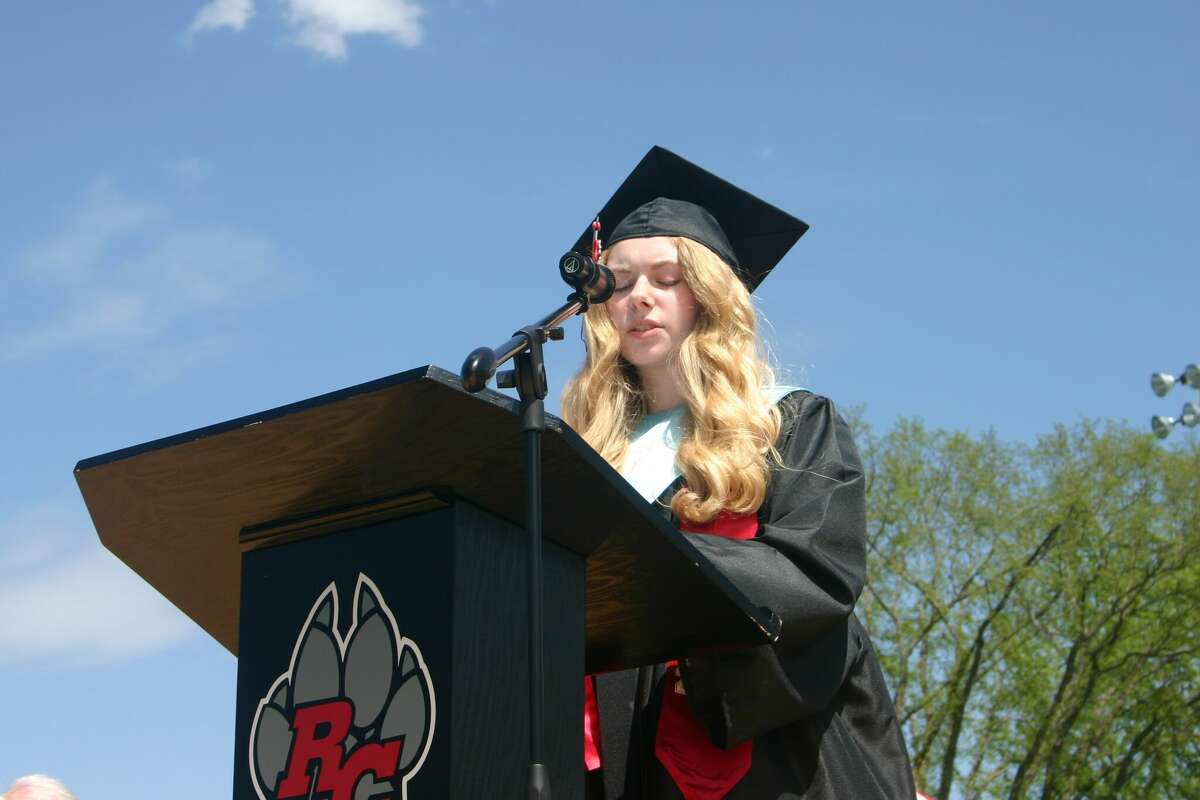 The Reed City High School 139th commencement ceremony was held on the RCHS football field on Sunday, May 15, with 95 graduating seniors walking across the stage. RCHS Distinguished Alumnus Award winner, James G. George, class of 1963 was the keynote speaker. Mckenna Miller, pictured, was one of the senior scholar speakers.