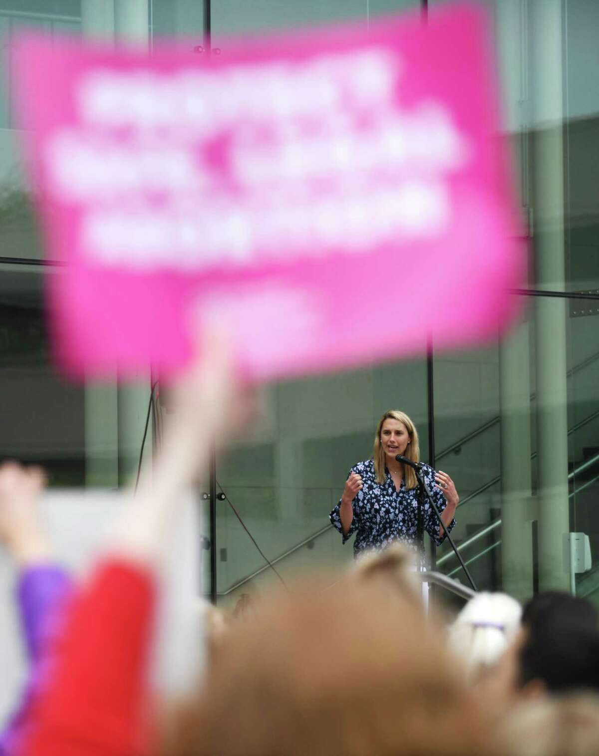 Stamford Mayor Caroline Simmons speaks during the rally Sunday. A collection of activist groups, including Planned Parenthood Federation of America, Pink Wave Action, Women's March, Ultraviolet, and MoveOn, were joined by Lt. Gov. Susan Bysiewicz, Attorney Gen. William Tong, and other local leaders to rally for abortion rights.
