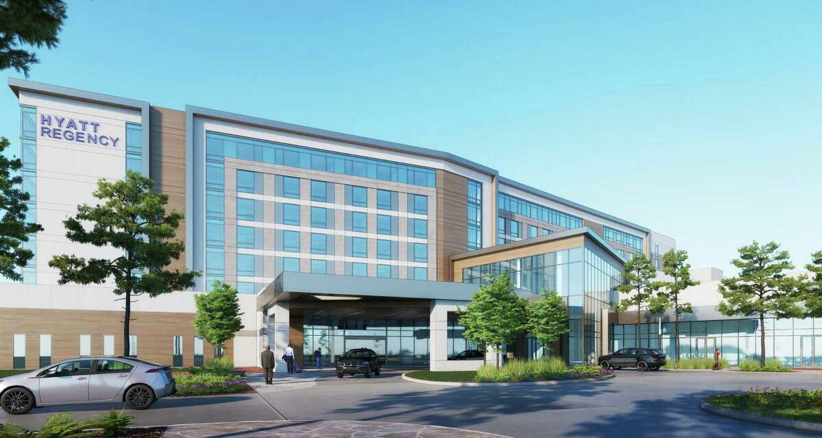 Conroe’s new hotel and convention center project cost has ballooned from $92 million to $107 million, forcing city officials to seek another loan from the Conroe Industrial Development Corp. and pull additional funds from the city’s hotel occupancy tax reserves. The hotel, shown in this rendering and now branded a Hyatt facility, will include 250 full-service rooms, a five-level parking garage with 484 spaces and 90 surface parking spaces.