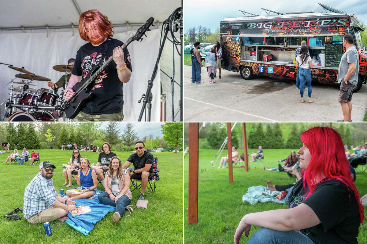 Clockwise, from top left: Local band Hiding Salem performs during 90s Flannel Fest Saturday May 14, 2022 in Freeland. Guests order food from Big Pete's Street Tacos. Lili Rose watches a performance from underneath a tent. Shannon Garzon, Ed Garzon, Josh Brown, Laura Brown, Jaime Brown and Hannah Brown enjoy a meal together during the festival.