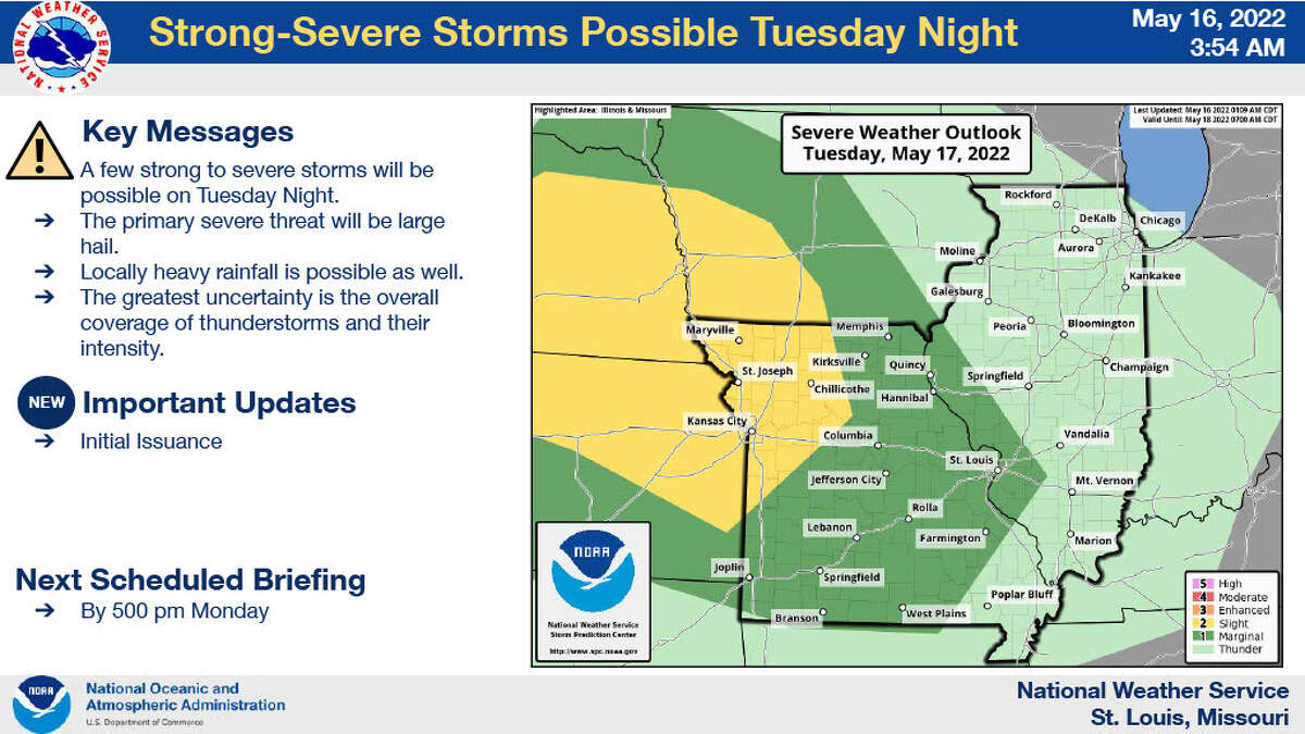The National Weather Service is forecasting an increased chance for severe thunderstorms Tuesday night into Wednesday morning.