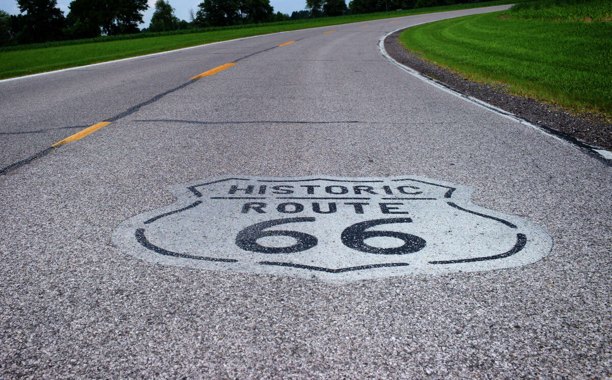 Wide angle image of historic route 66 in Illinois.