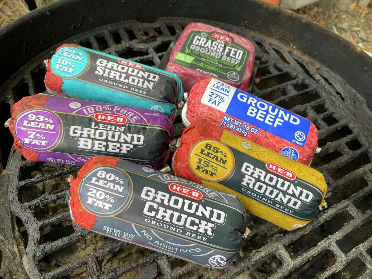 Ground beef options include, clockwise from top, grass-fed, fatty ground beef, round, chuck, lean ground and sirloin.