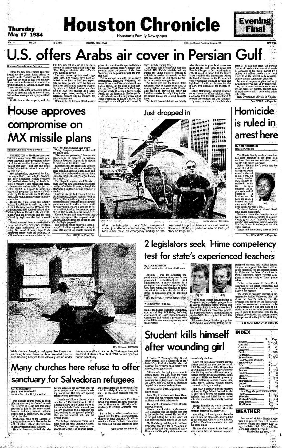 Houston Chronicle front page from May 17, 1984.