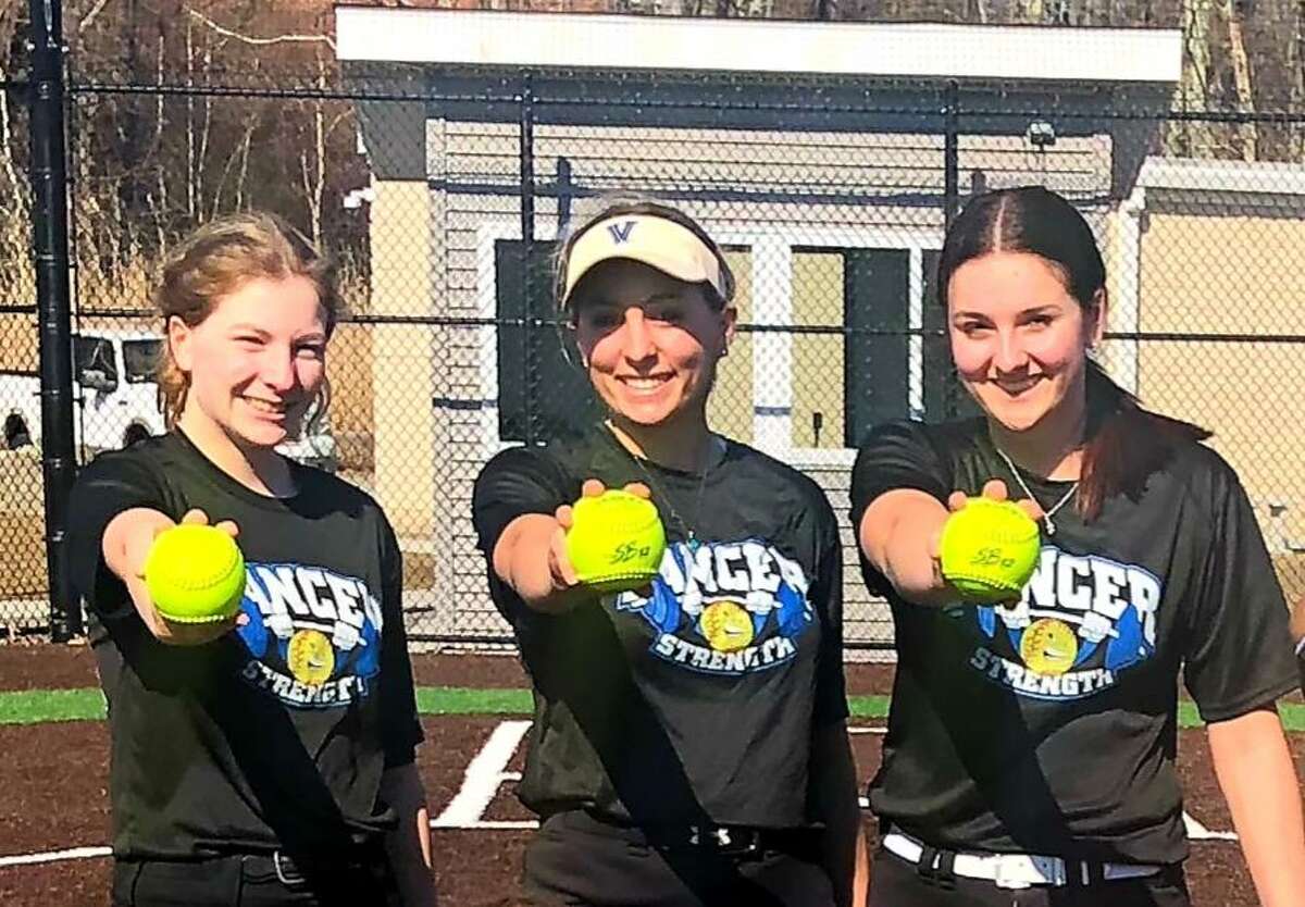 Waterford softball players Brielle Kenney, Maddie Burrows, and Anna Dziecinny.