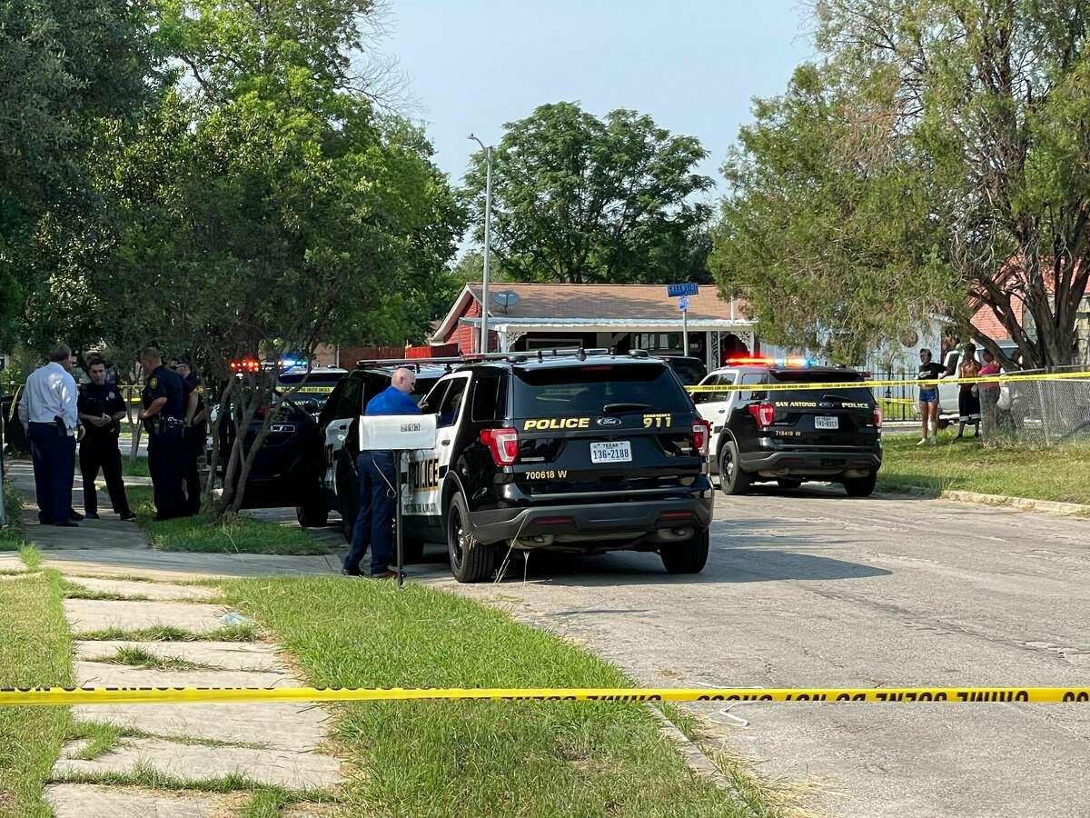 San Antonio police investigate the scene where a 15-year-old boy was shot to death following an argument Monday, May 16, 2022, in the cul-de-sac at Alston and Greenside streets.