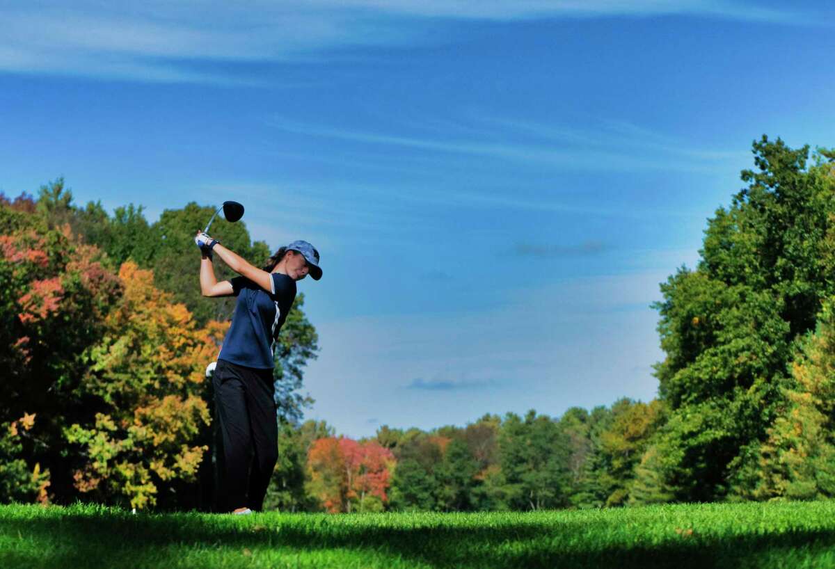 Kennedy Swedick of the Albany Academy for Girls tees off on the 15th hole during the final round of the Section II girls' golf sectionals at the McGregor Links Country Club on Tuesday, Oct. 12, 2021, in Wilton, N.Y.