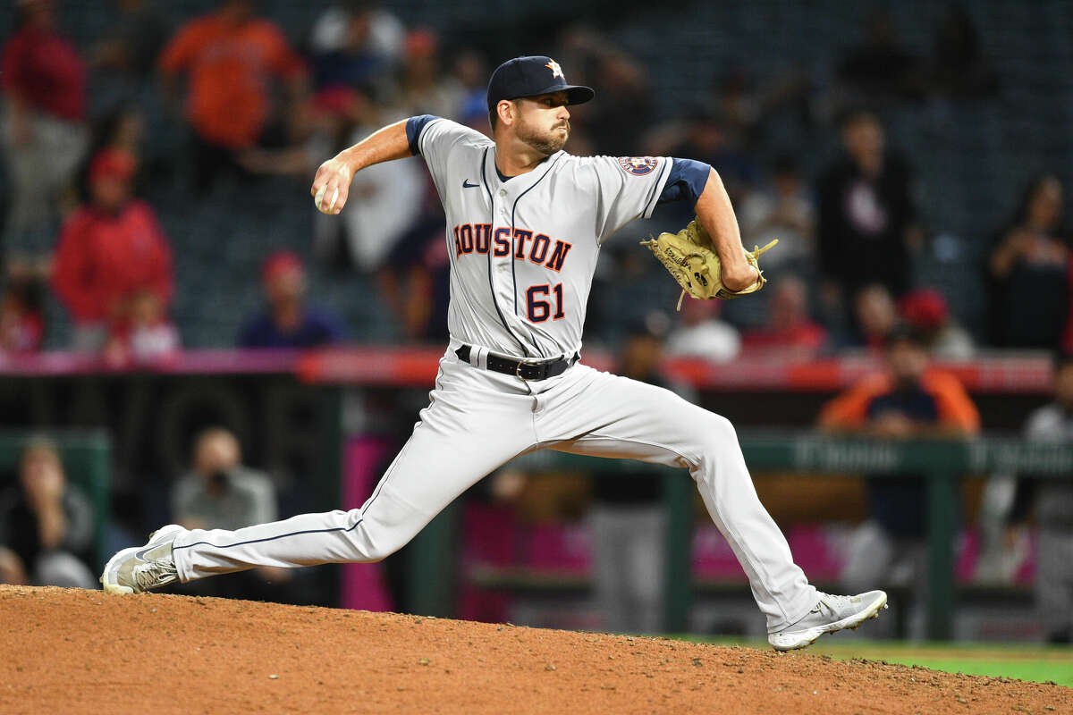 Houston Astros pitcher Seth Martinez throws a pitch during a game between the Houston Astros and the Los Angeles Angels of Anaheim on September 20, 2021 at Angel Stadium of Anaheim in Anaheim, CA.