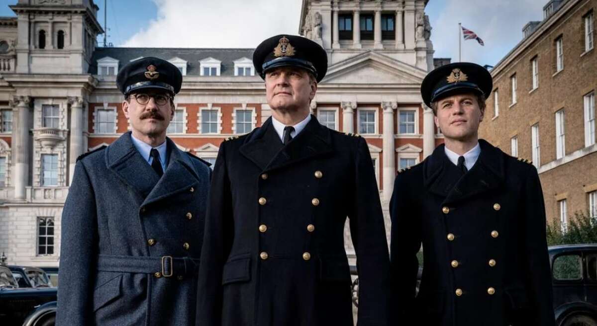 Matthew Macfadyen as Charles Cholmondeley, Colin Firth as Ewen Montagu, and Johnny Flynn as Ian Fleming, appear in Operation Mincemeat.  