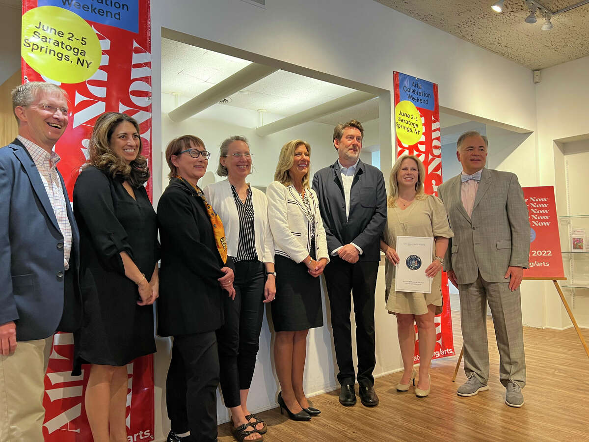 Elected, business and cultural officials gathered Tuesday, May 17, 2022, at Saratoga Arts to announce an official kick-off of the return of the Spa City's arts scene with a June 2 to 5 promotion called All Together Now: Arts Celebration Weekend in Saratoga.