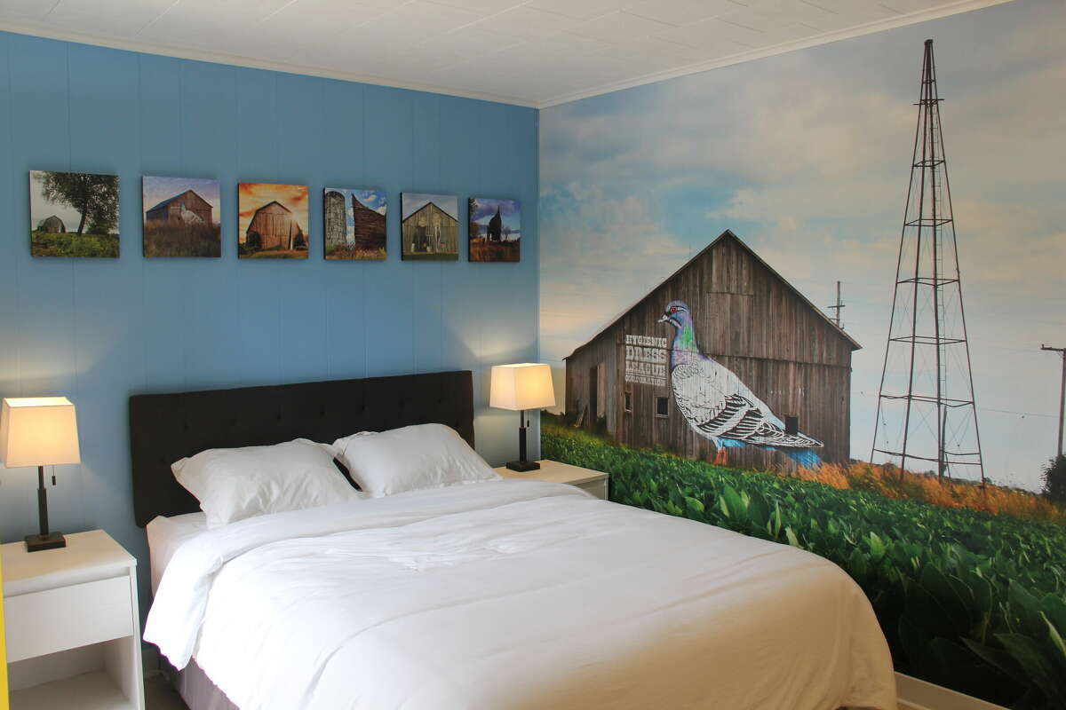 One of five guest rooms at Dark Sky Lodge & Tavern, each one with photos depicting the Port Austin area.