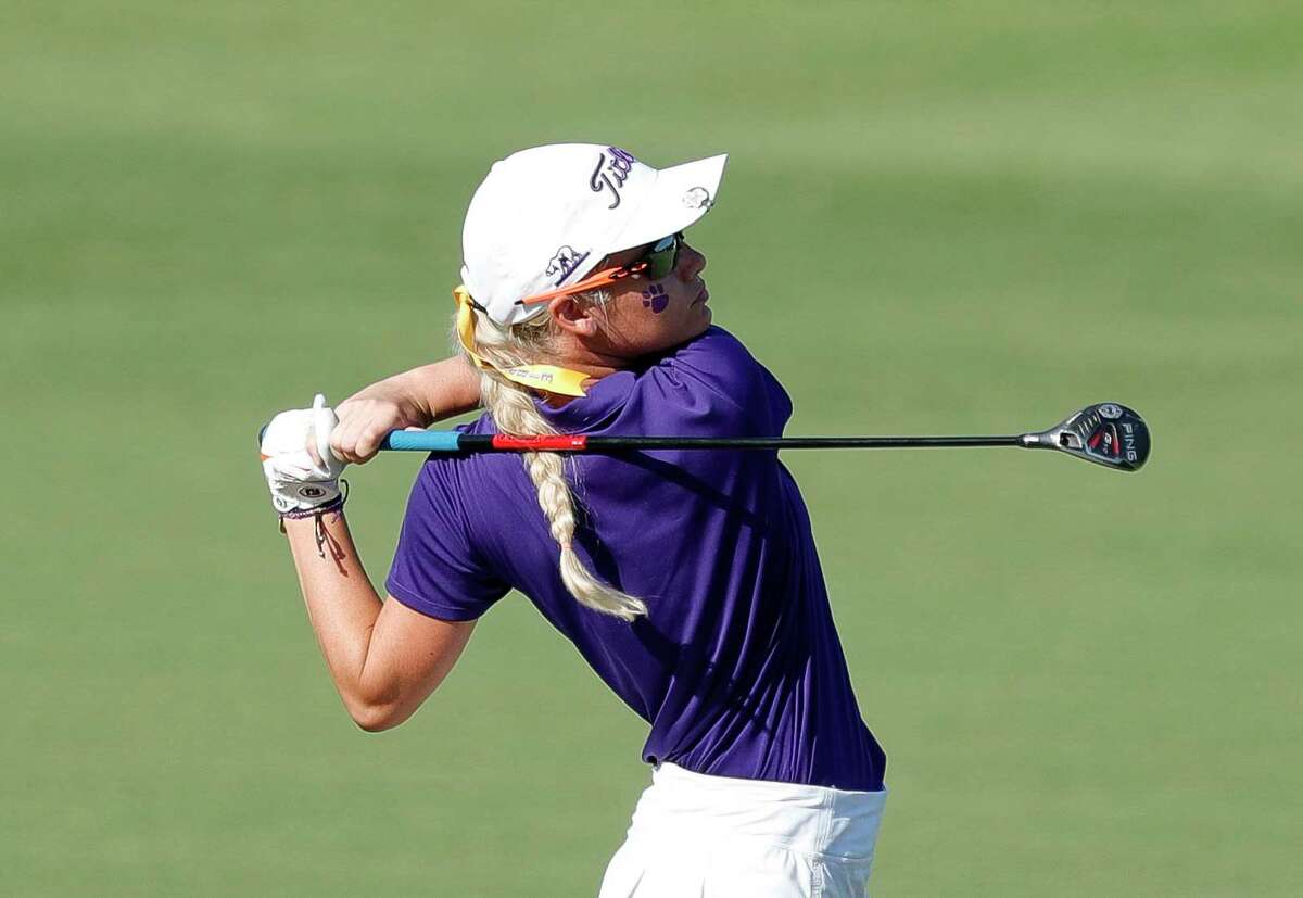 Kimberly Tiefenbach of Montgomery hits a shot toward the second green during the final round of the Class 5A UIL State Golf Championship at White Wing Golf Club, Tuesday, May 17, 2022, in Georgetown.