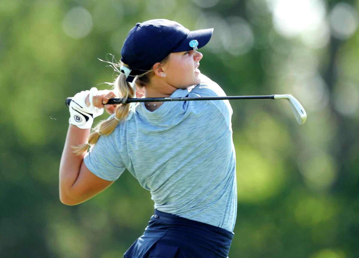 Sonja Tibbetts of Lake Creek hits off the sixth tee box during the final round of the Class 5A UIL State Golf Championship at White Wing Golf Club, Tuesday, May 17, 2022, in Georgetown.