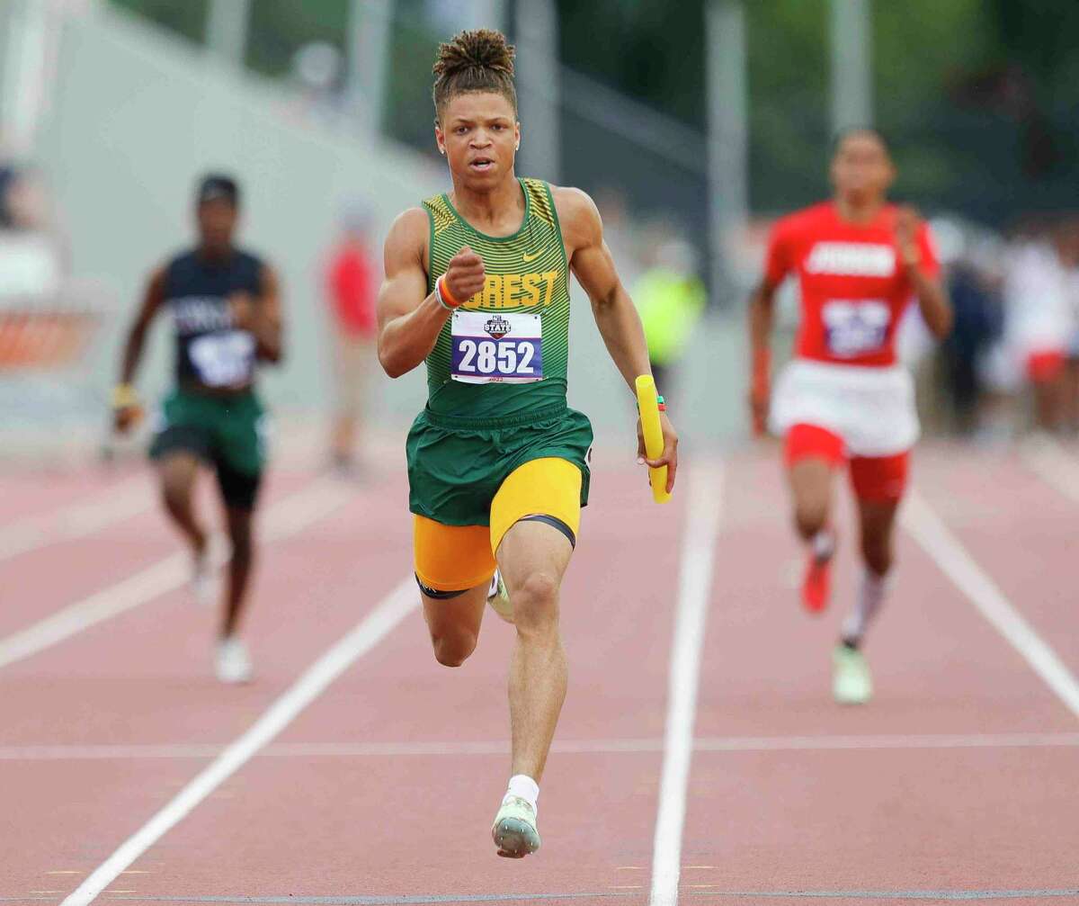 Klein Forest’s Jelani Watkins competes in the Class 6A boys 800-meter relay during the UIL State Track & Field Championships at Mike a Myers Stadium, Saturday, May 14, 2022, in Austin. Klein Forest finished first in the race.