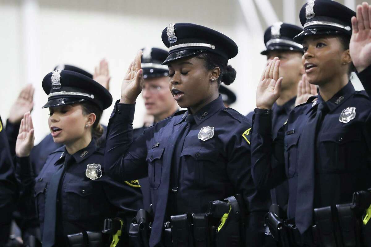 Fifty-five cadets graduated into the ranks of the Houston Police Department on Wednesday, May 4, 2022 in Houston. HPD is set for a $33 million budget increase for the 2023 fiscal year.