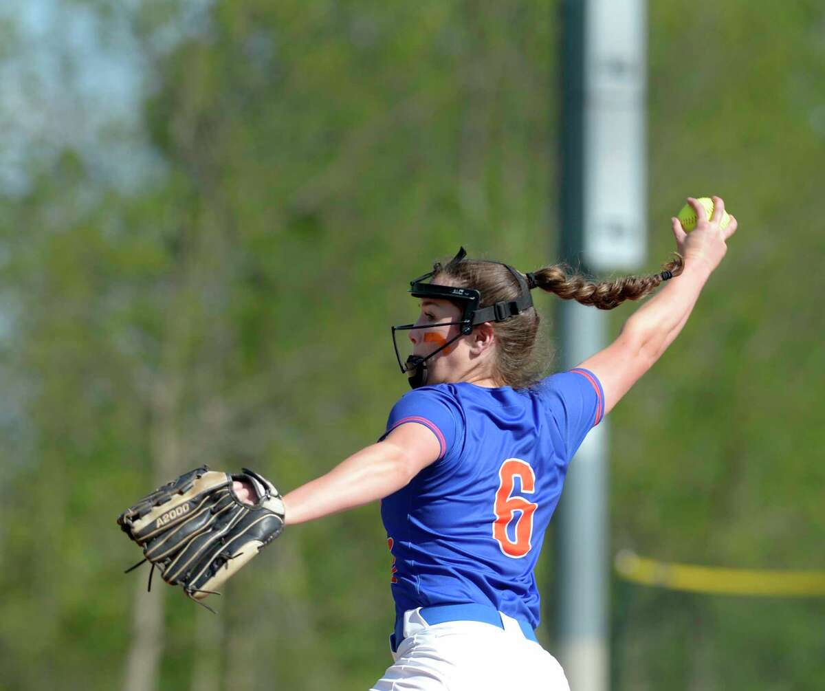 Danbury’s Haley Pucci (6) pitches in the girls varsity softball game between Fairfield Ludlowe and Danbury high schools. Tuesday afternoon, May 17, 2022, at Danbury High School, Danbury, Conn.