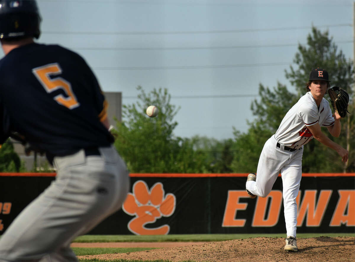 Edwardsville's Gannon Burns delivers a pitch against O'Fallon on Tuesday at Tom Pile Field in Edwardsville.
