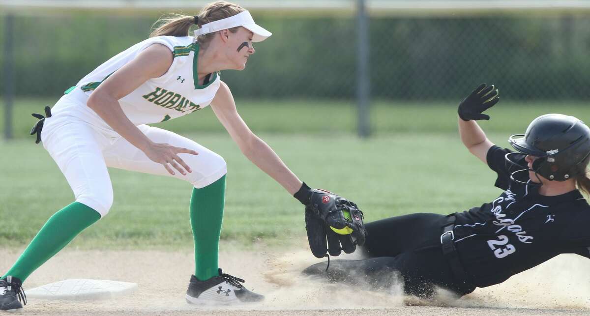 West Central's Brylee Lawson is tagged out at second base by Brown County shortstop Katey Flynn on a steal attempt in a softball game at Mount Sterling on Tuesday.