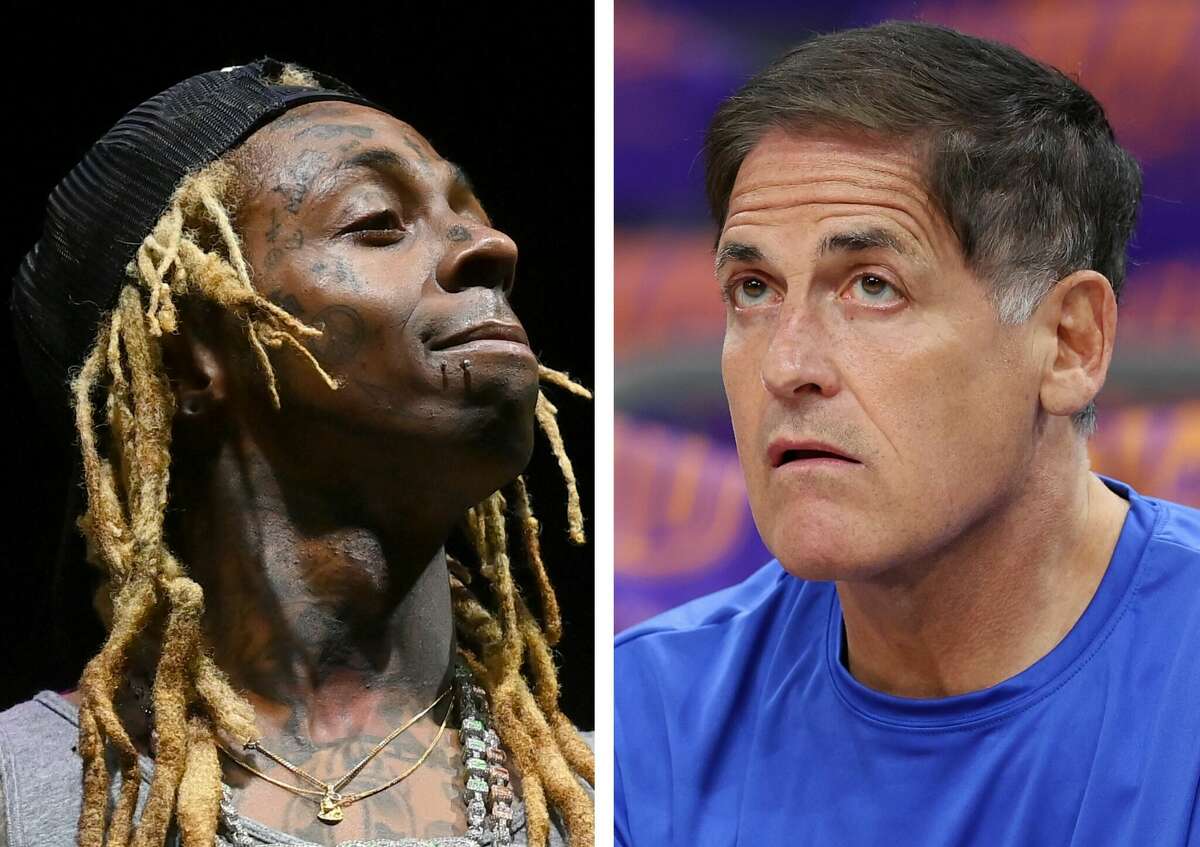 Lil Wayne (left) and Mavericks owner Mark Cuban (right) are in a Twitter feud after the Mavericks eliminated the Phoenix Suns in the second round of the NBA playoffs.