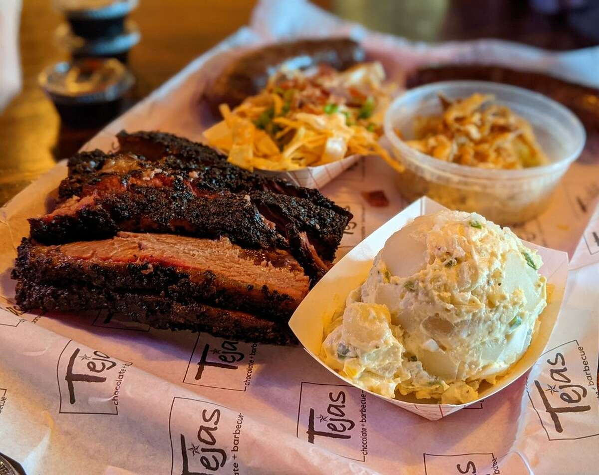 Brisket and sides from Tejas Chocolate & Barbecue.