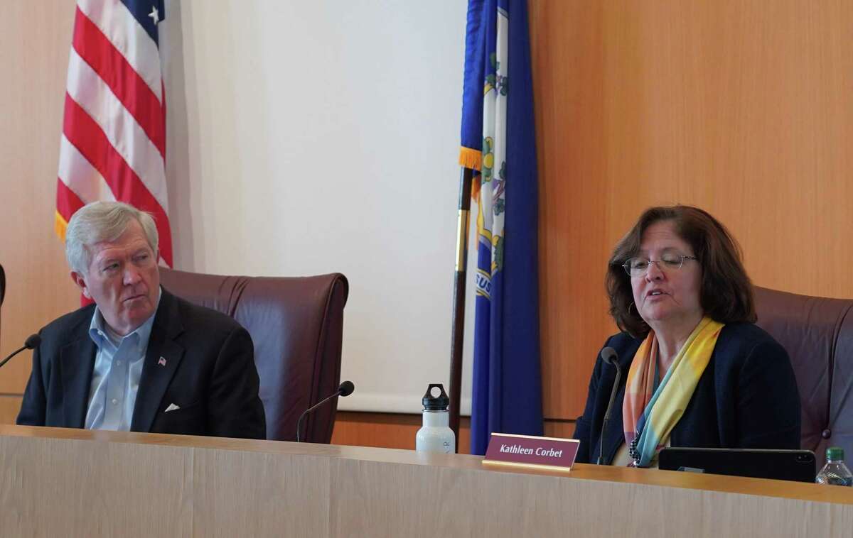 Selectman Kathleen Corbet, right, said the ethics complaint against New Canaan First Selectman Kevin Moynihan was “ethically” motivated, not “politically,” as he said, during a Board of Selectmen meeting on Tuesday.