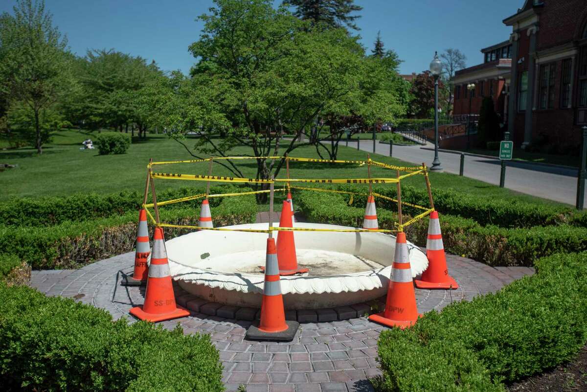 A view of the Morrissey Fountain, which was vandalized, in Congress Park on Wednesday, May 18, 2022, in Saratoga Springs, N.Y. (Paul Buckowski/Times Union)