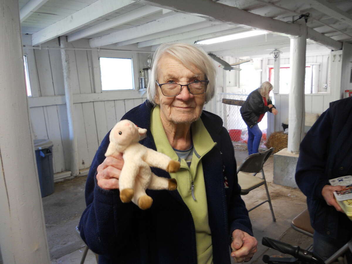 Aleen Carlson, 94, of Wellston, shows off her souvenir stuffed sheep from the Circle  Rocking S Children's Farm in Free Soil during the annual sheep shearing event.