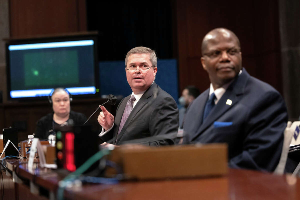 U.S. Deputy Director of Naval Intelligence Scott Bray and Under Secretary of Defense for Intelligence and Security Ronald Moultrie testify before a House Intelligence Committee subcommittee hearing in Washington, DC. (Photo by Kevin Dietsch/Getty Images)