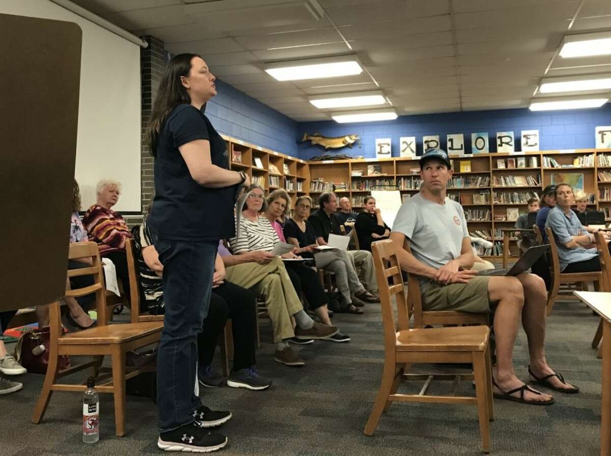 Lisa Kaczmarek discusses during a Manistee Area Public Schools Board of Education meeting on May 11 bullying her daughter has encountered as a student in the district.