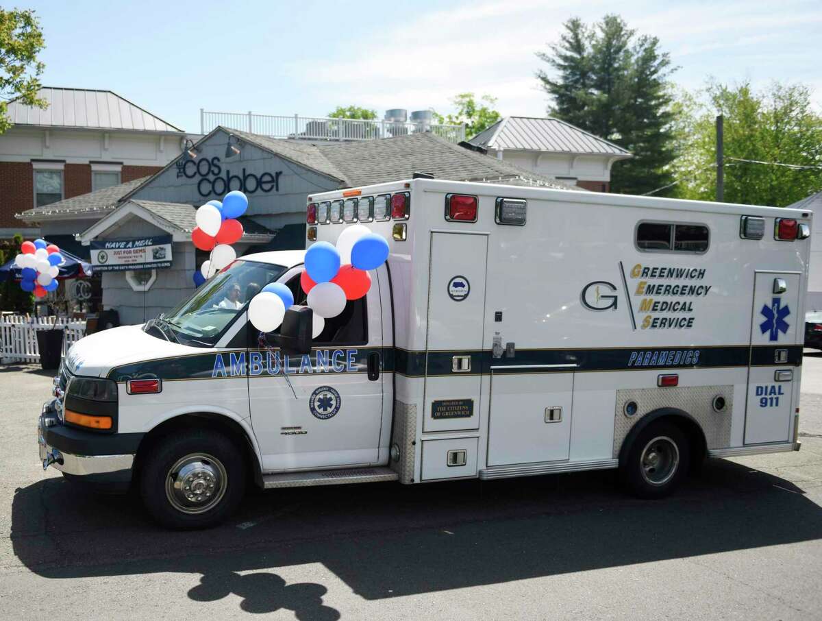 A GEMS ambulance is parked outside The Cos Cobber in the Cos Cob section of Greenwich, Conn. Wednesday, May 18, 2022. Greenwich EMS held its annual fundraiser at The Cos Cobber, with an ambulance parked out front and a portion of all sales donated to GEMS.