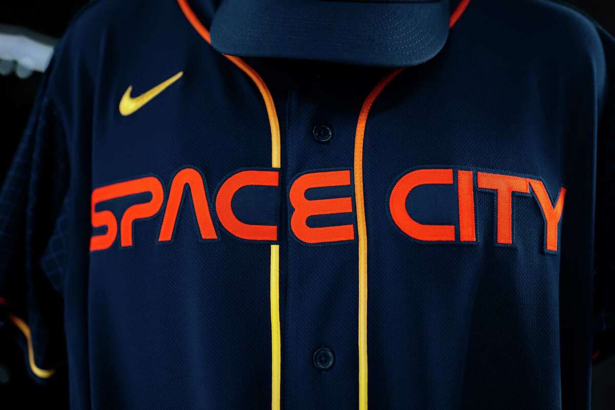 The chest plate of the Astros' City Connect uniforms with Houston's "Space City" nickname and rainbow gradient piping.
