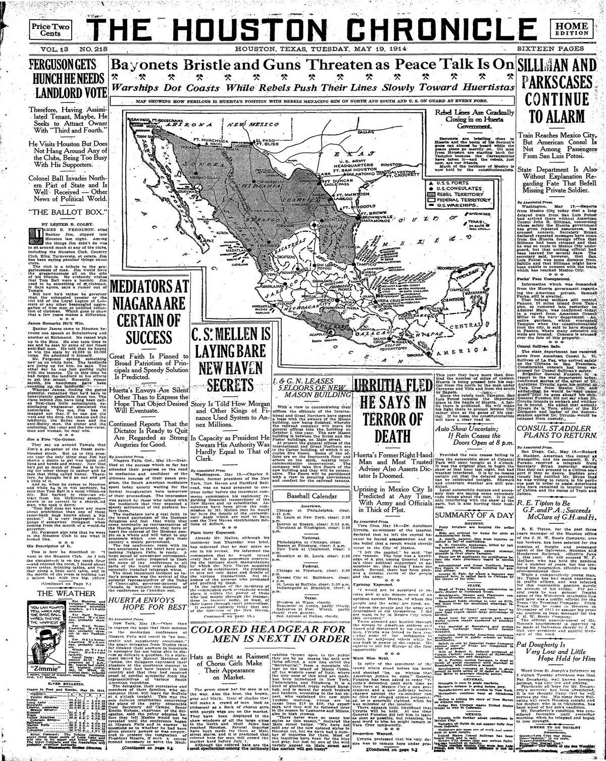 Houston Chronicle front page for May 19, 1914.